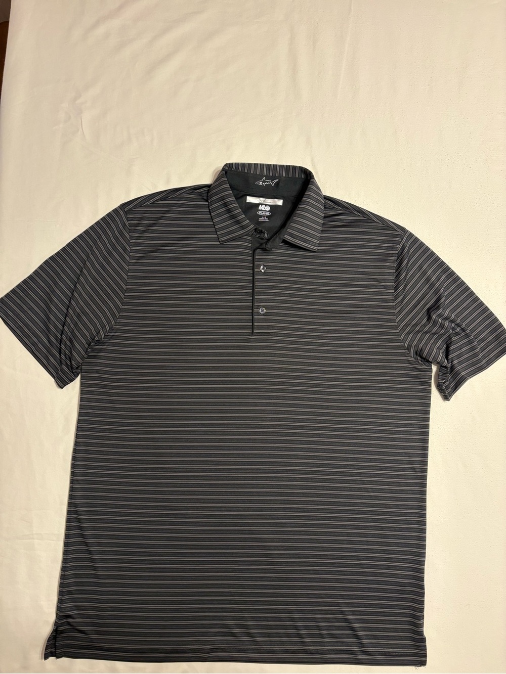 Greg Norman Men’s Black and Gray Stiped ML75 Play Dry Golf Polo Shirt size Large